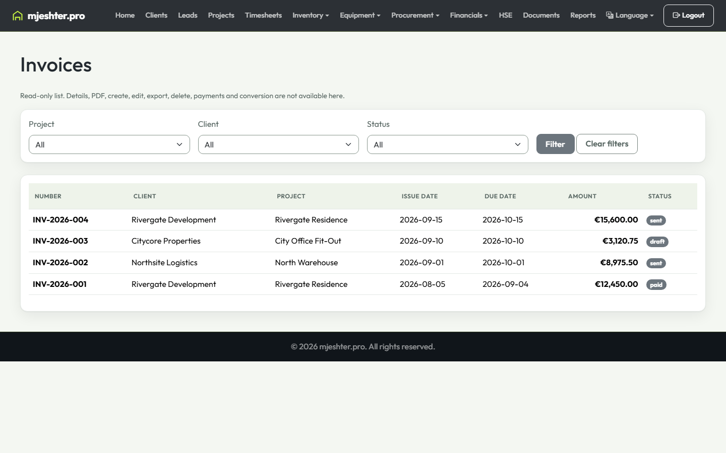 Invoice list with filters and four sample invoices with amounts and statuses, English interface